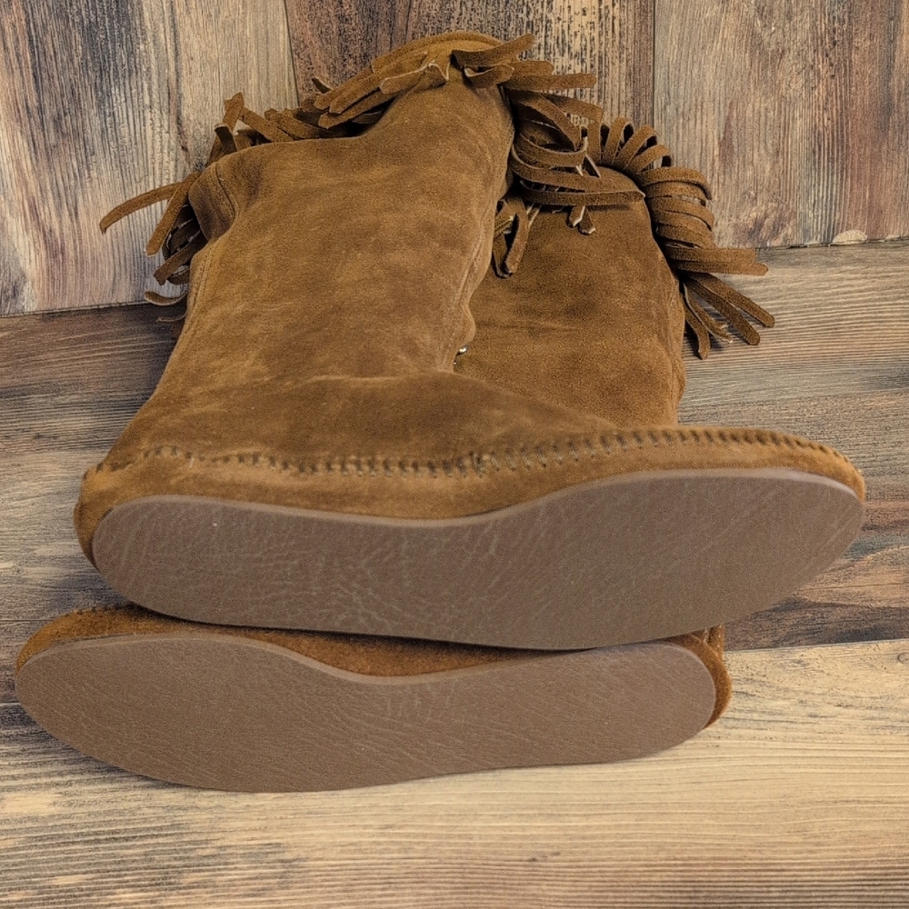 Minnetonka Moccasin Boots 1960s-70s Vintage Suede Side Lace-Up Fringe Boots 8 - Picture 8 of 11